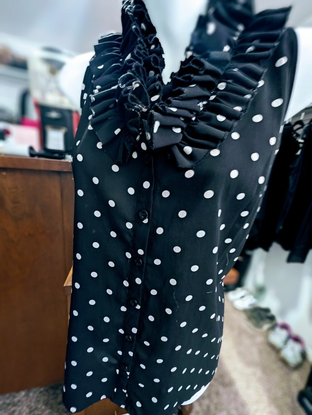 Source Unknown Black and White Polka Dot Ruffle Collar Blouse - Picture 7 of 7